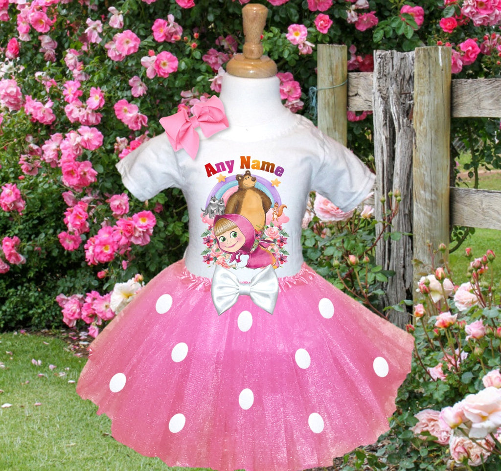 Masha and The Bear Tutu Set Girls Personalized Custom Pink White Polka Dots Tutu Outfit Dress Theme Cake Smash Party