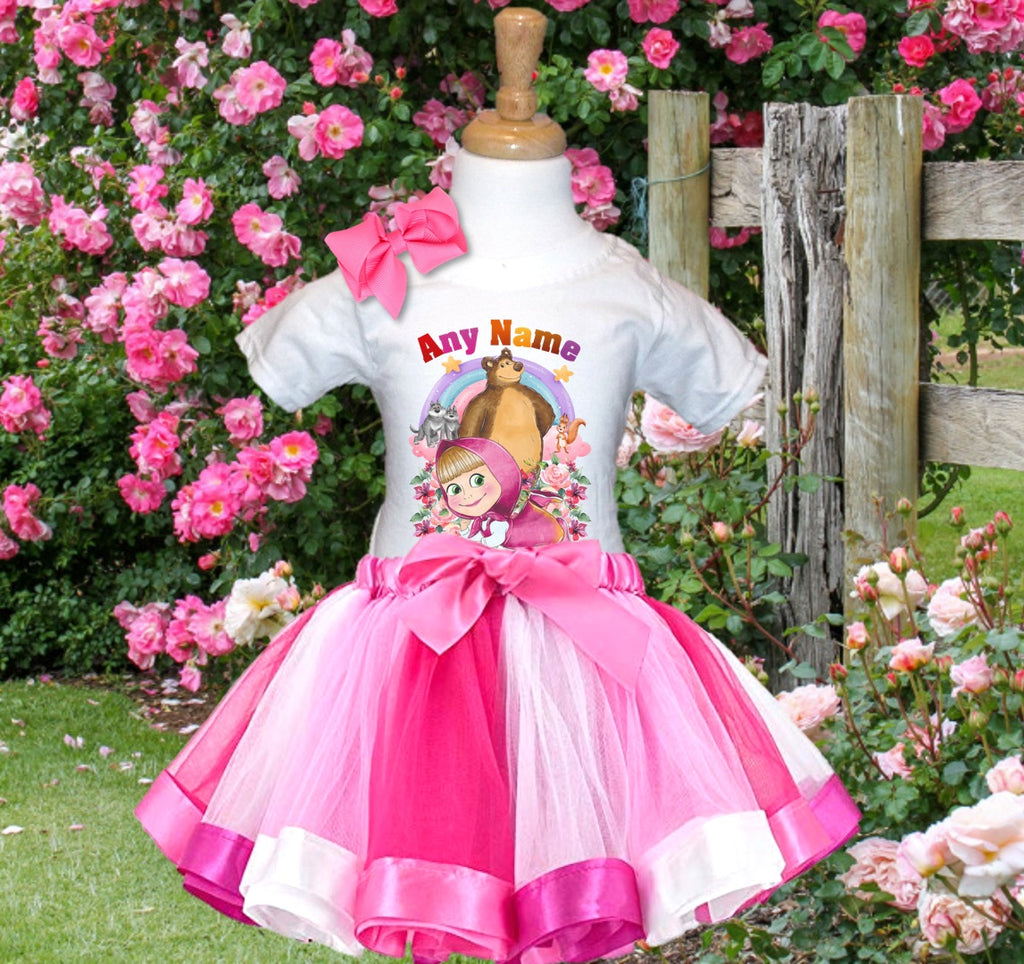 Masha and The Bear Tutu Set Girls Personalized Custom Hot Pink White Pink Ribbon Tutu Outfit Dress Theme Cake Smash Party