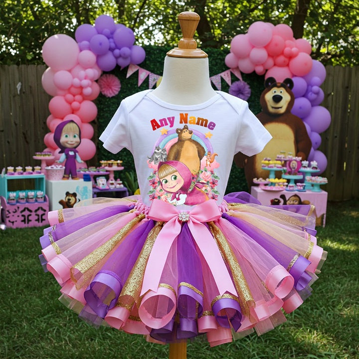 Masha and The Bear Tutu Set Girls Personalized Custom Pink Gold Purple Ribbon Sewn Trim Tutu Outfit Dress Theme Cake Smash Party