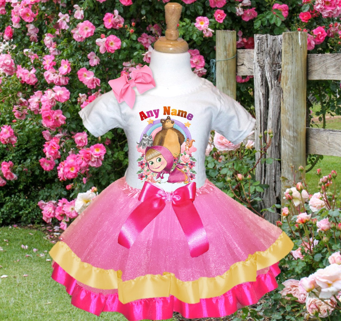 Masha and The Bear Tutu Set Girls Personalized Custom Pink Gold Hot Pink Ribbon Trim Tutu Outfit Dress Theme Cake Smash Party