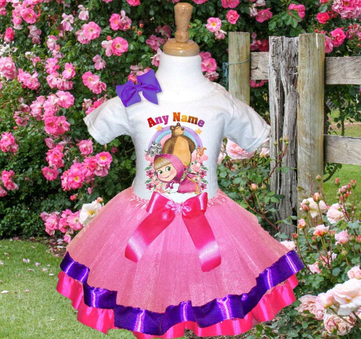 Masha and The Bear Tutu Set Girls Personalized Custom Pink Purple Hot Pink Ribbon Trim Tutu Outfit Dress Theme Cake Smash Party