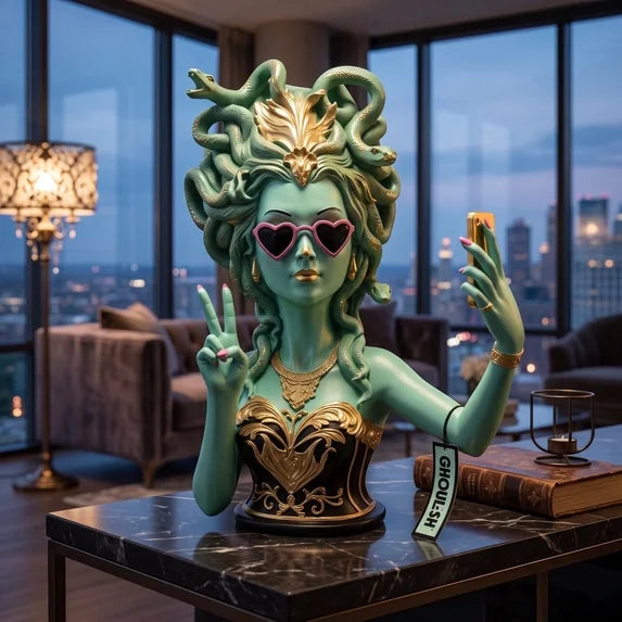 12" Medusa Bust Statue taking a Selfie Funny Modern Halloween Home Decor Accent Yard Tabletop Prop