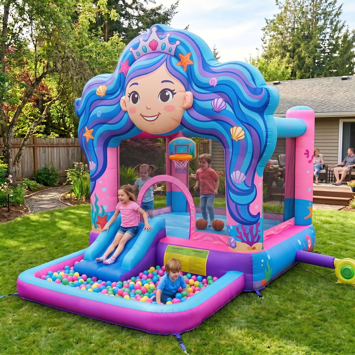 Play Bounce House Jumping Playhouse area with Slide and Ball Pit Mermaid Girl's Head Castle Theme
