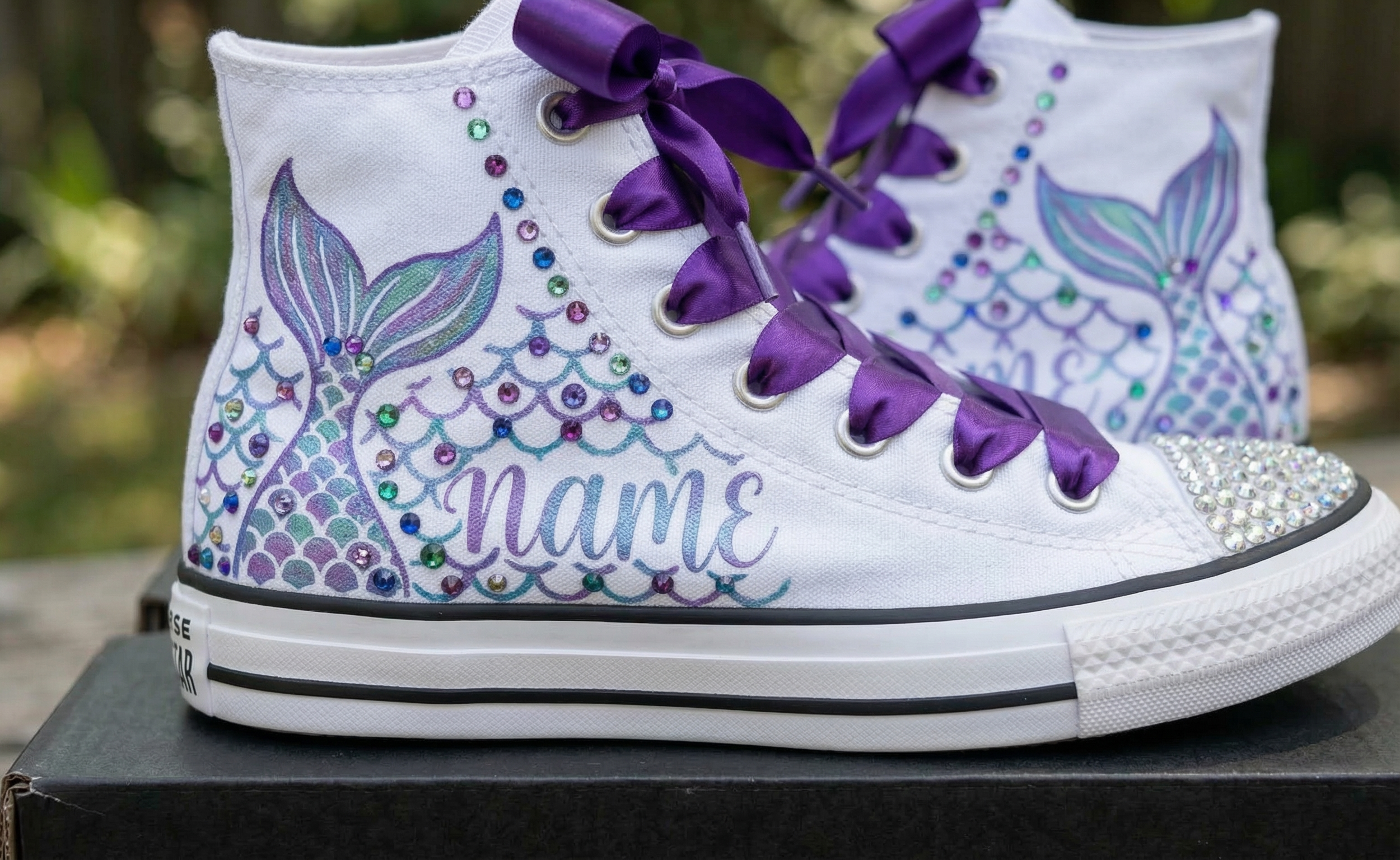 Custom Mermaid Tail High-Top Sneakers Shoes Personalized with Name, Ribbon Laces & Rhinestones Birthday Parties Everyday Gift