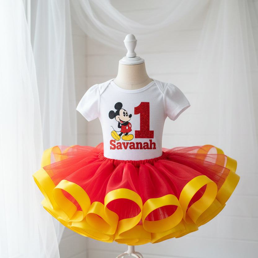Mickey Mouse Clubhouse Tutu Set Girls Personalized Custom Red Yellow Ribbon Sewn Trim Tutu Outfit Dress Theme Cake Smash Birthday Party