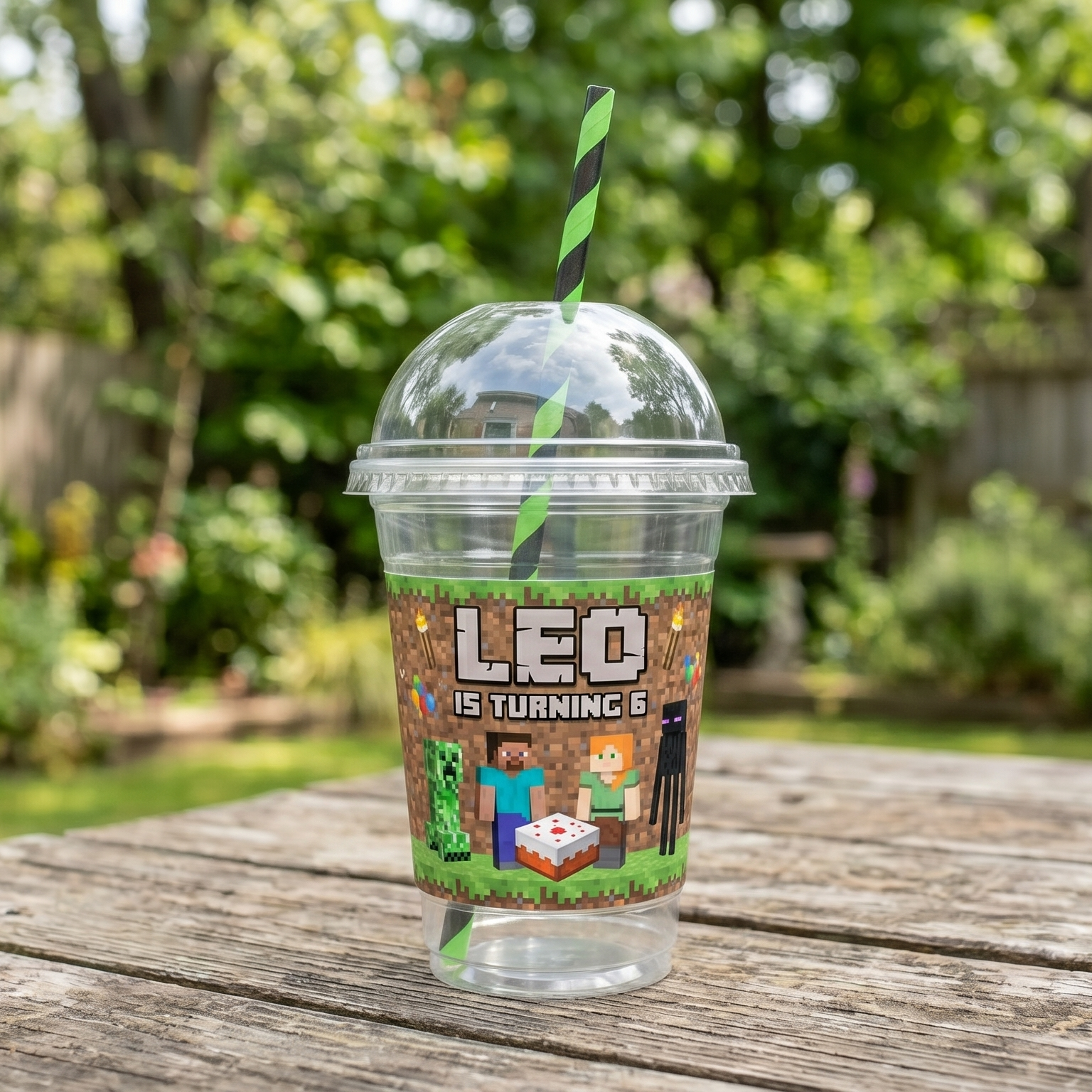 (Pack of 6) Minecraft Custom Personalized Birthday Party 16 oz Cups with Dome Lids & Straws