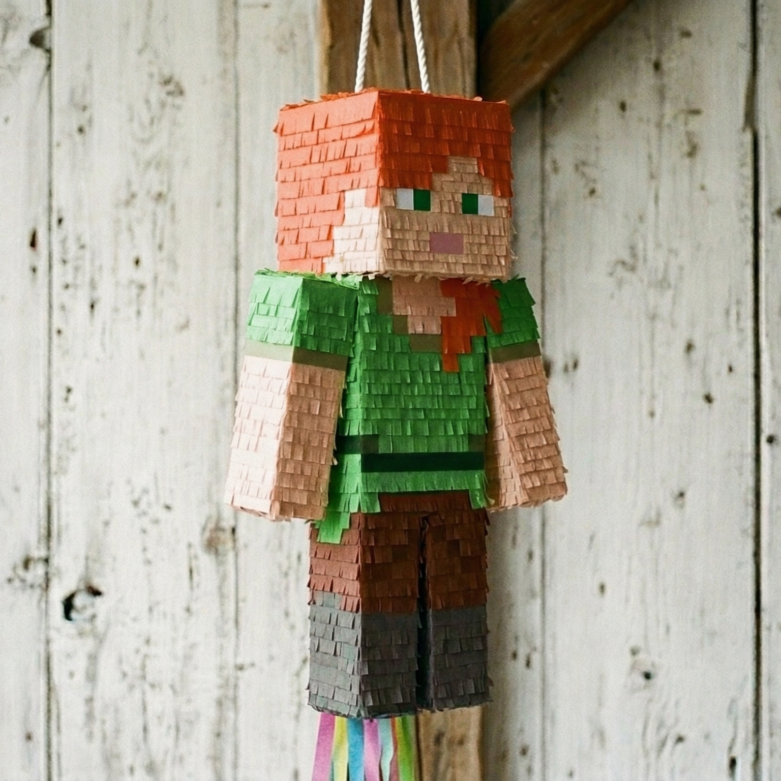 Premium Handmade 30-Inch Minecraft Alex Character Pull-String Piñata Table Decor Party Centerpiece