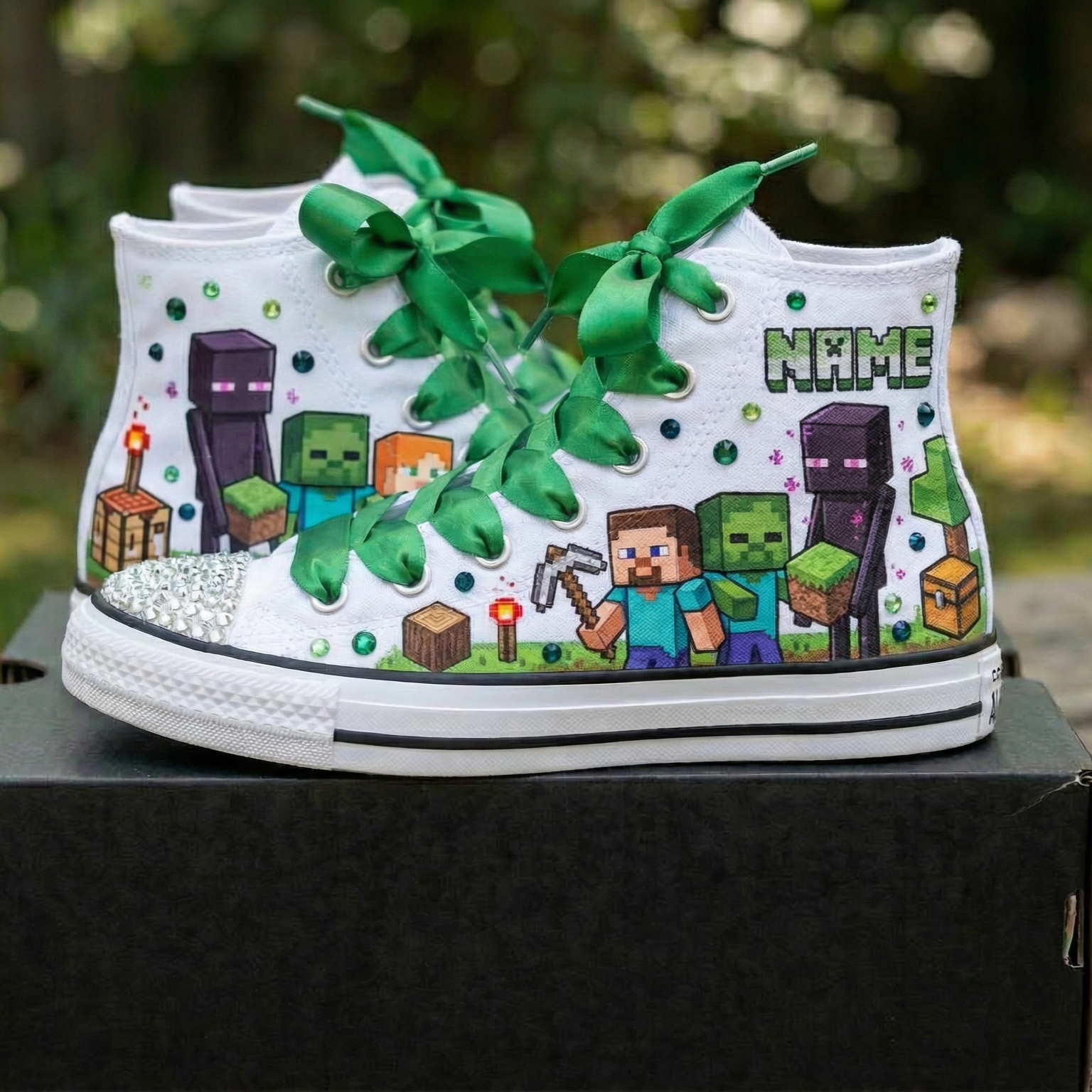Custom Minecraft High-Top Sneakers Shoes Personalized with Name, Ribbon Laces & Rhinestones Birthday Parties Everyday Gift