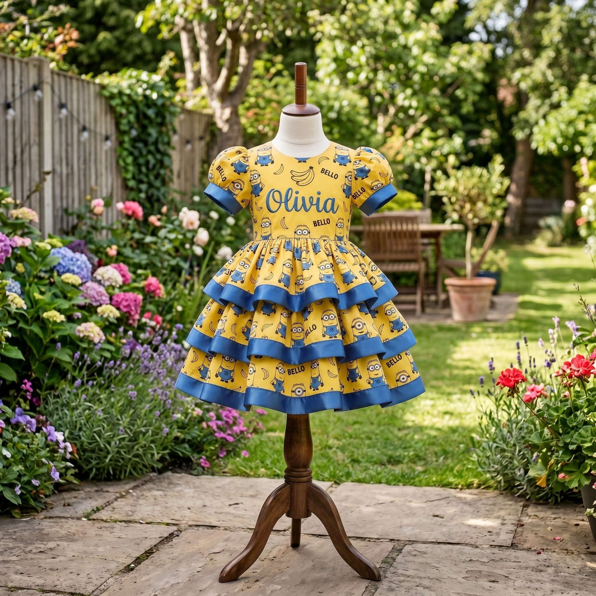 Minions Girls Personalized Custom Tiered Ruffle Dress Ribbon Trim Theme Cake Smash Birthday Party