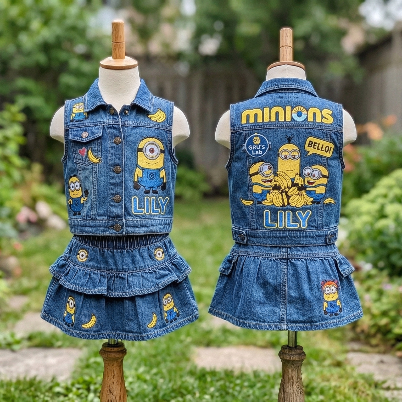 Personalized Custom Name Minions Denim Vest & Skirt Set Birthday Party Cake Smash Gift