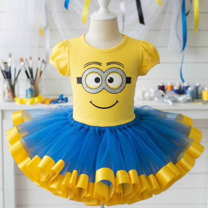 Minions Face Tutu Set Girls Personalized Custom Blue Yellow Ribbon Sewn Trim Tutu Outfit Dress Theme Cake Smash Birthday Party