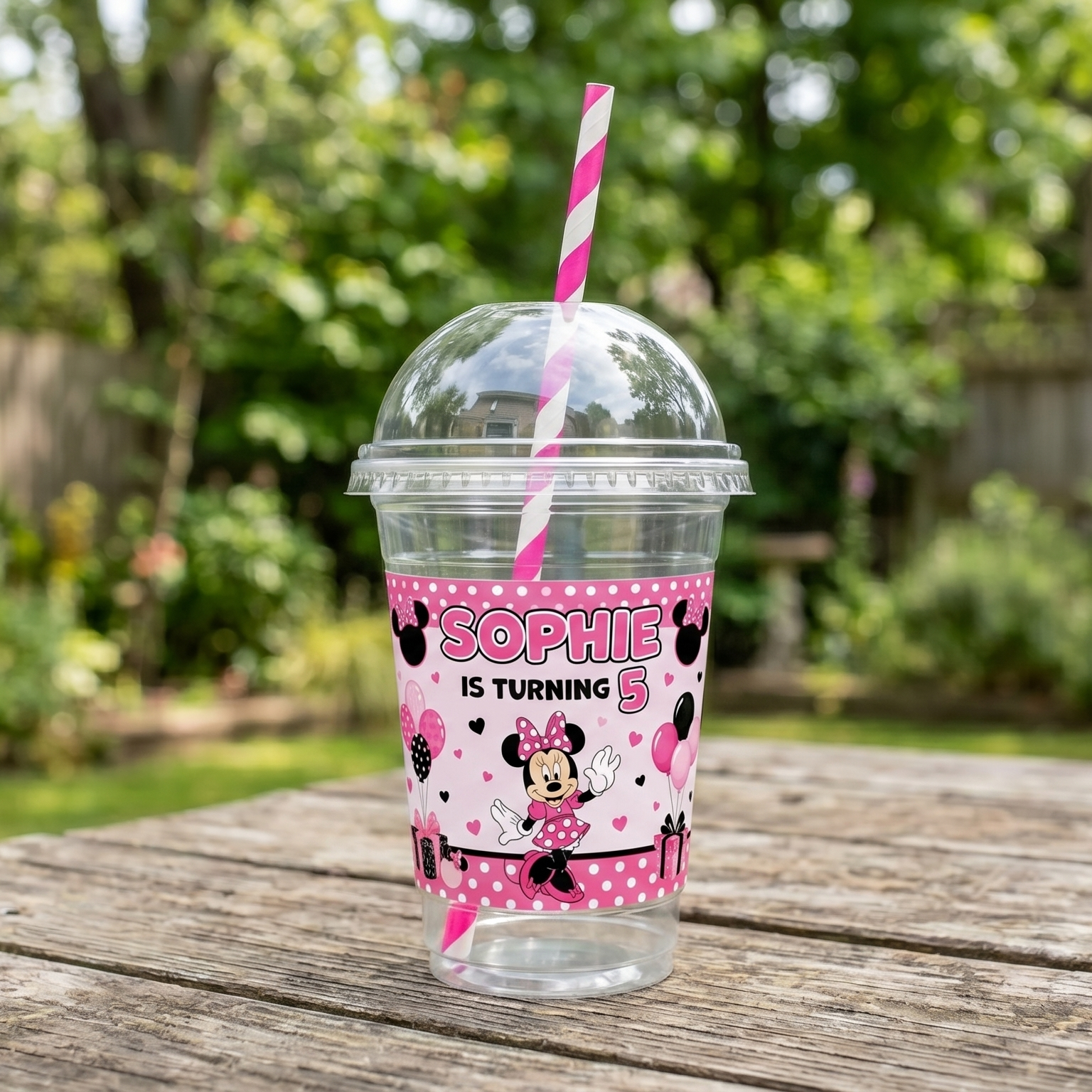 (Pack of 6) Minnie Mouse Custom Personalized Birthday Party 16 oz Cups with Dome Lids & Straws