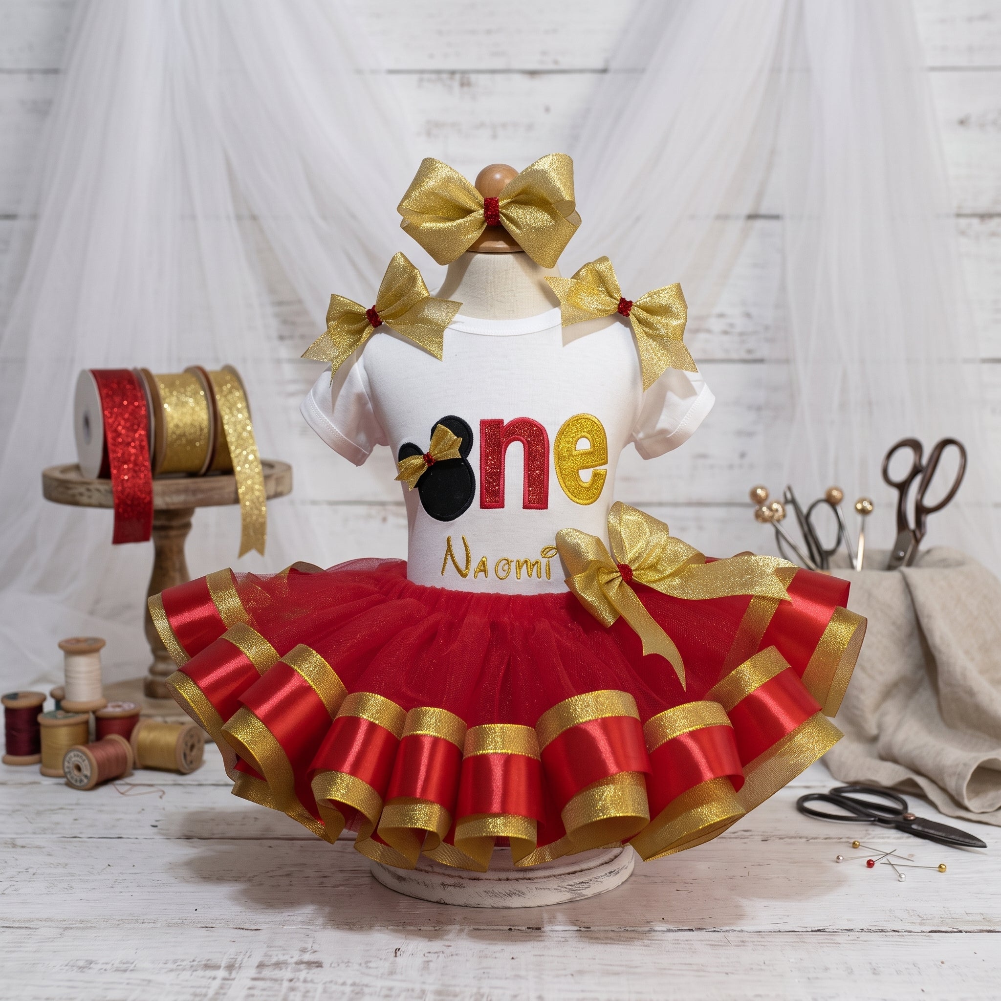 Minnie Mouse Ears Gold Bow One Tutu Set Girls Personalized Custom Red Gold Ribbon Sewn Trim Tutu Outfit Dress Theme Cake Smash Birthday Party