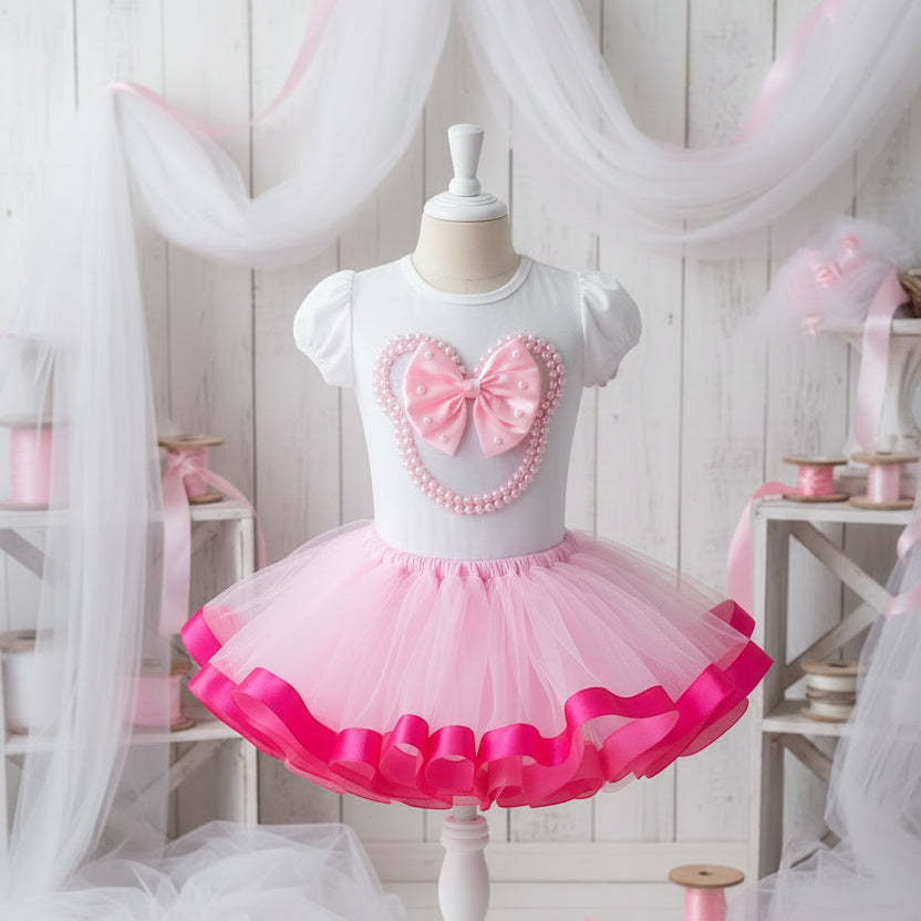 Minnie Head Pink Bow Pearls Tutu Set Girls Personalized Custom Pink Ribbon Sewn Trim Tutu Outfit Dress Theme Cake Smash Birthday Party