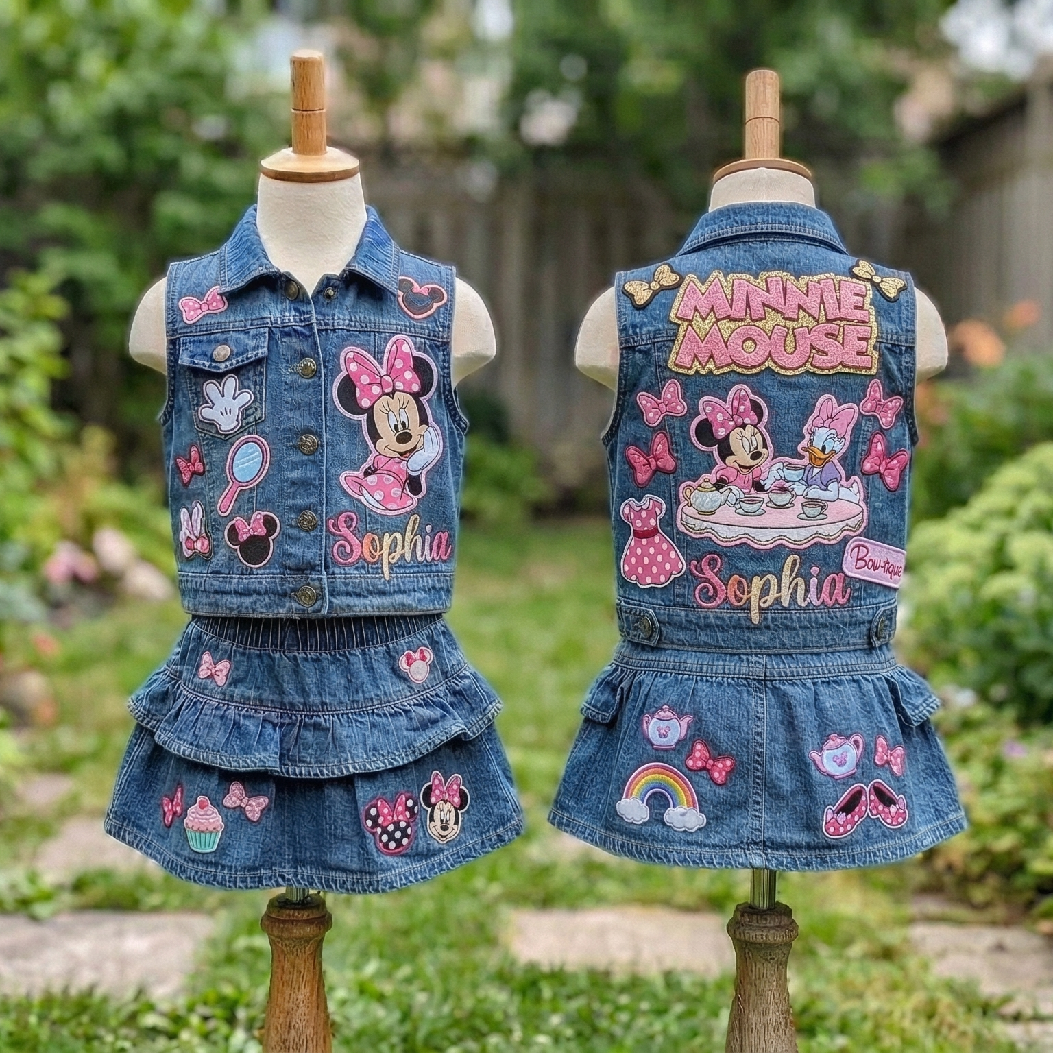 Personalized Custom Name Minnie Mouse Pink Denim Vest & Skirt Set Birthday Party Cake Smash Gift