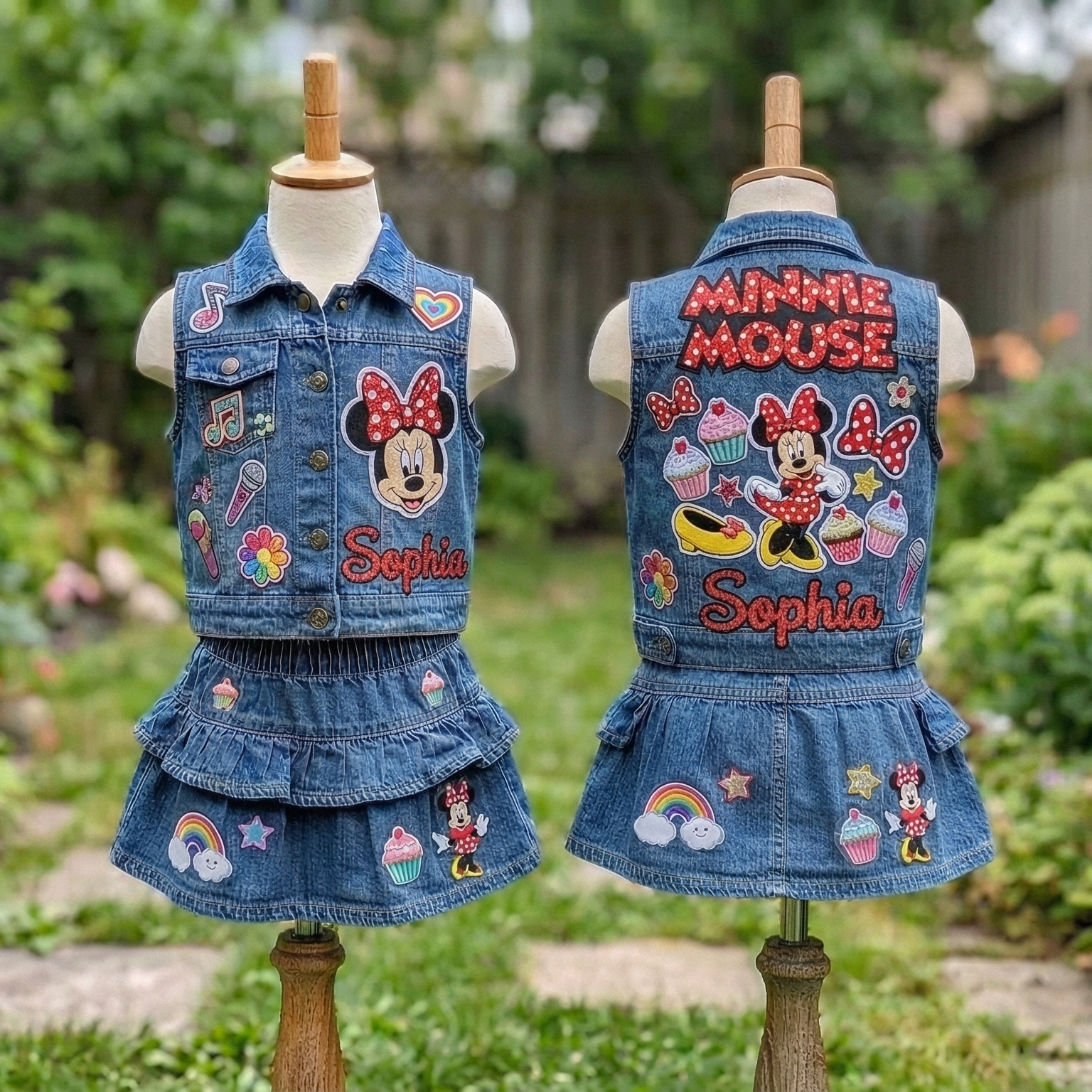 Personalized Custom Name Minnie Mouse Red Denim Vest & Skirt Set Birthday Party Cake Smash Gift