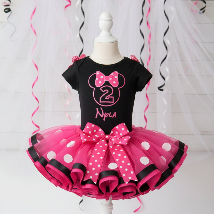Black Minnie House Head Pink Bow Tutu Set Girls Personalized Custom Pink Black Ribbon Sewn Trim Tutu Outfit Dress Theme Cake Smash Birthday Party