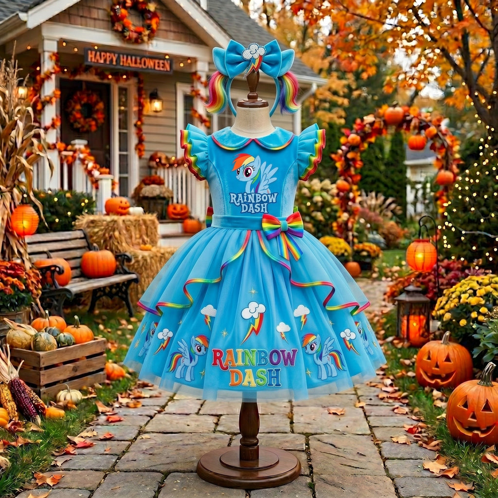 My Little Pony Rainbow Dash Girls' Deluxe Sparkle Tutu Party Costume Dress Set with Matching Headband Halloween Birthday Pageant
