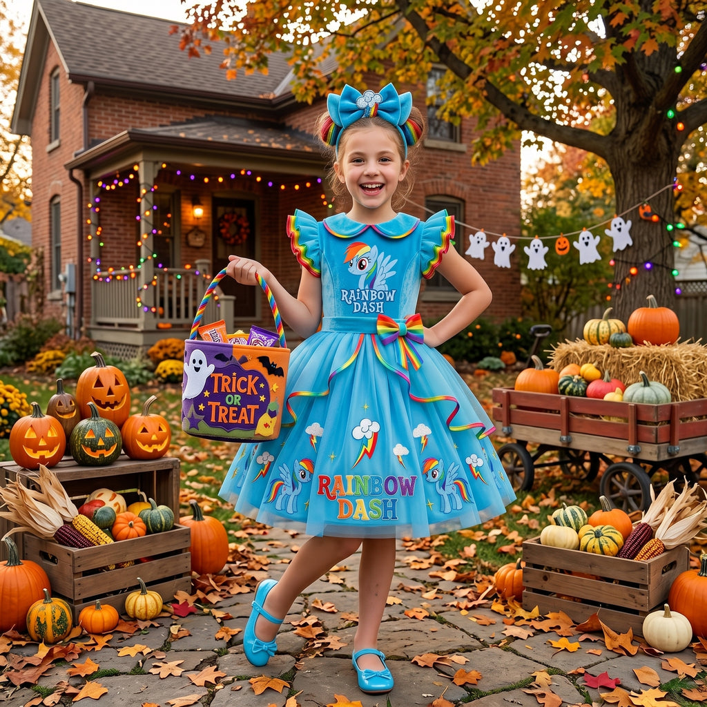 My Little Pony Rainbow Dash Girls' Deluxe Sparkle Tutu Party Costume Dress Set with Matching Headband Halloween Birthday Pageant