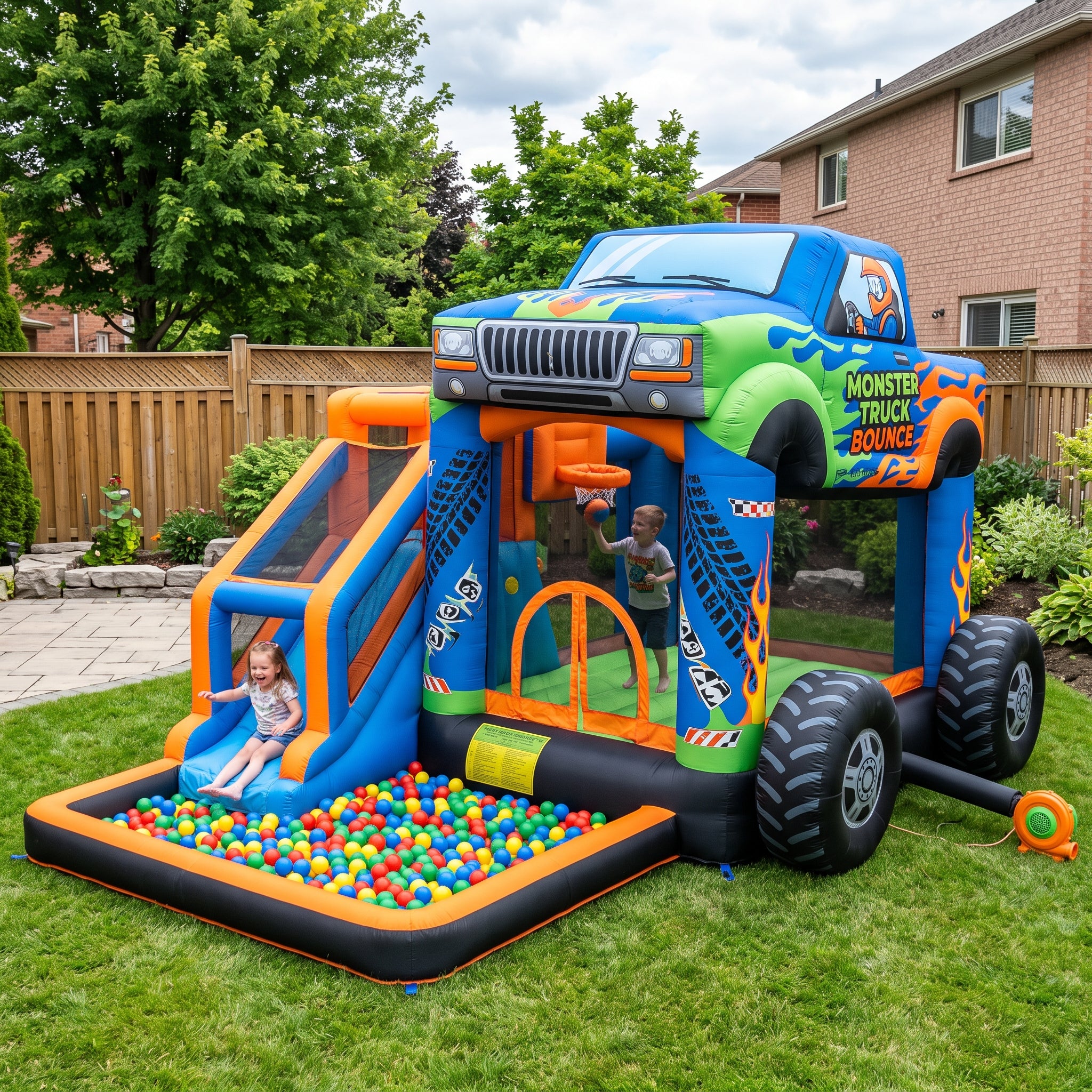 Play Bounce House Jumping Playhouse area with Slide and Ball Pit Monster Truck Theme