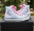 Custom Cute Moon Child High-Top Sneakers Shoes Personalized with Name, Ribbon Laces & Rhinestones Birthday Parties Everyday Gift