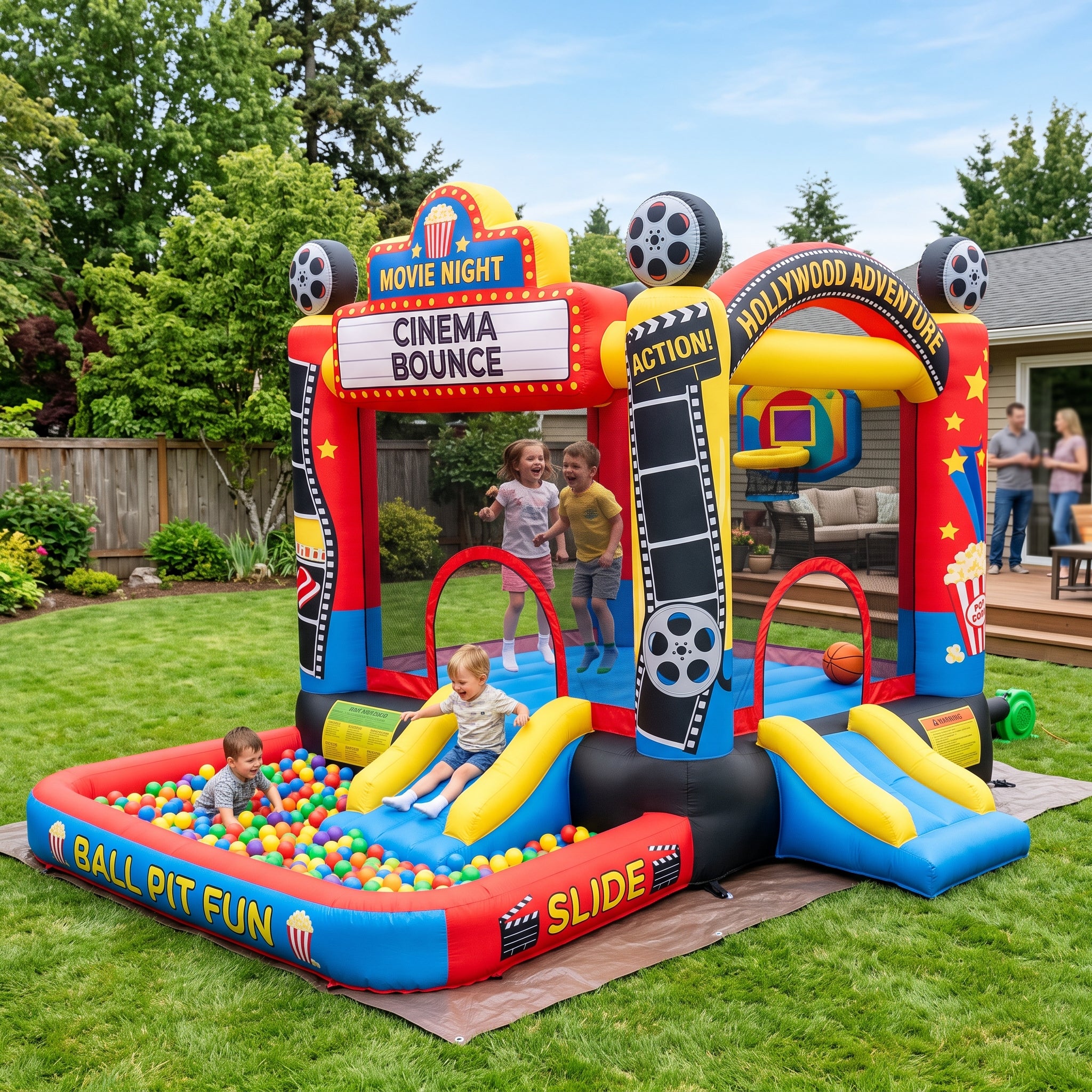 Play Bounce House Jumping Playhouse area with Slide and Ball Pit Movie Theater Theme