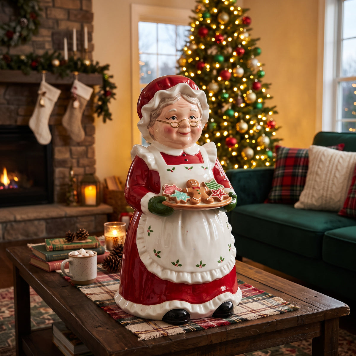 24-Inch Hand-Painted Glossy Ceramic Mrs. Claus Holiday Statue with Cookie Platter Christmas Decor