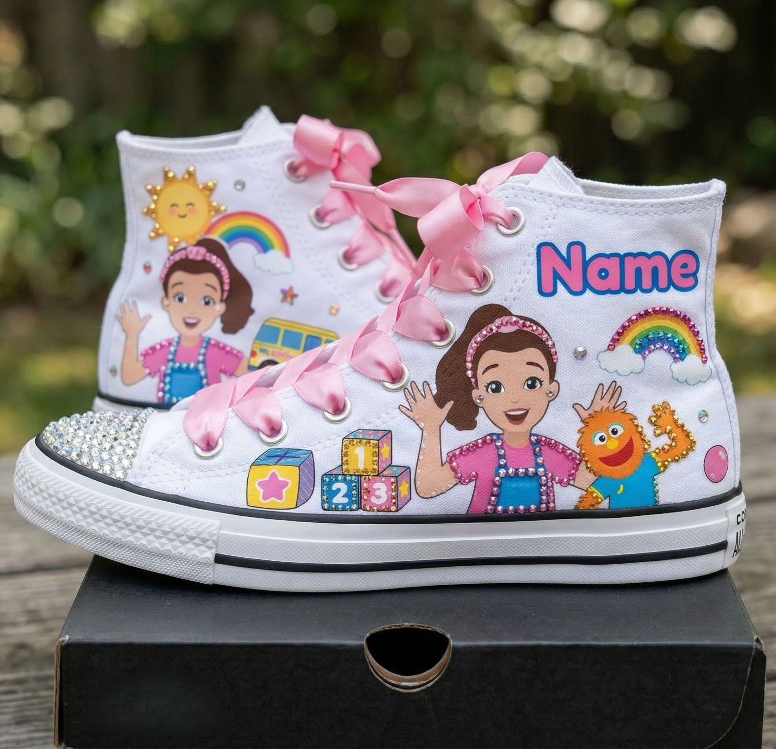Custom Ms Rachel High-Top Sneakers Shoes Personalized with Name, Ribbon Laces & Rhinestones Birthday Parties Everyday Gift