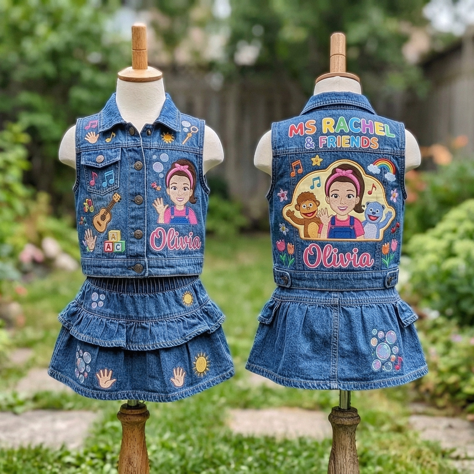 Personalized Custom Name Ms Rachel Denim Vest & Skirt Set Birthday Party Cake Smash Gift