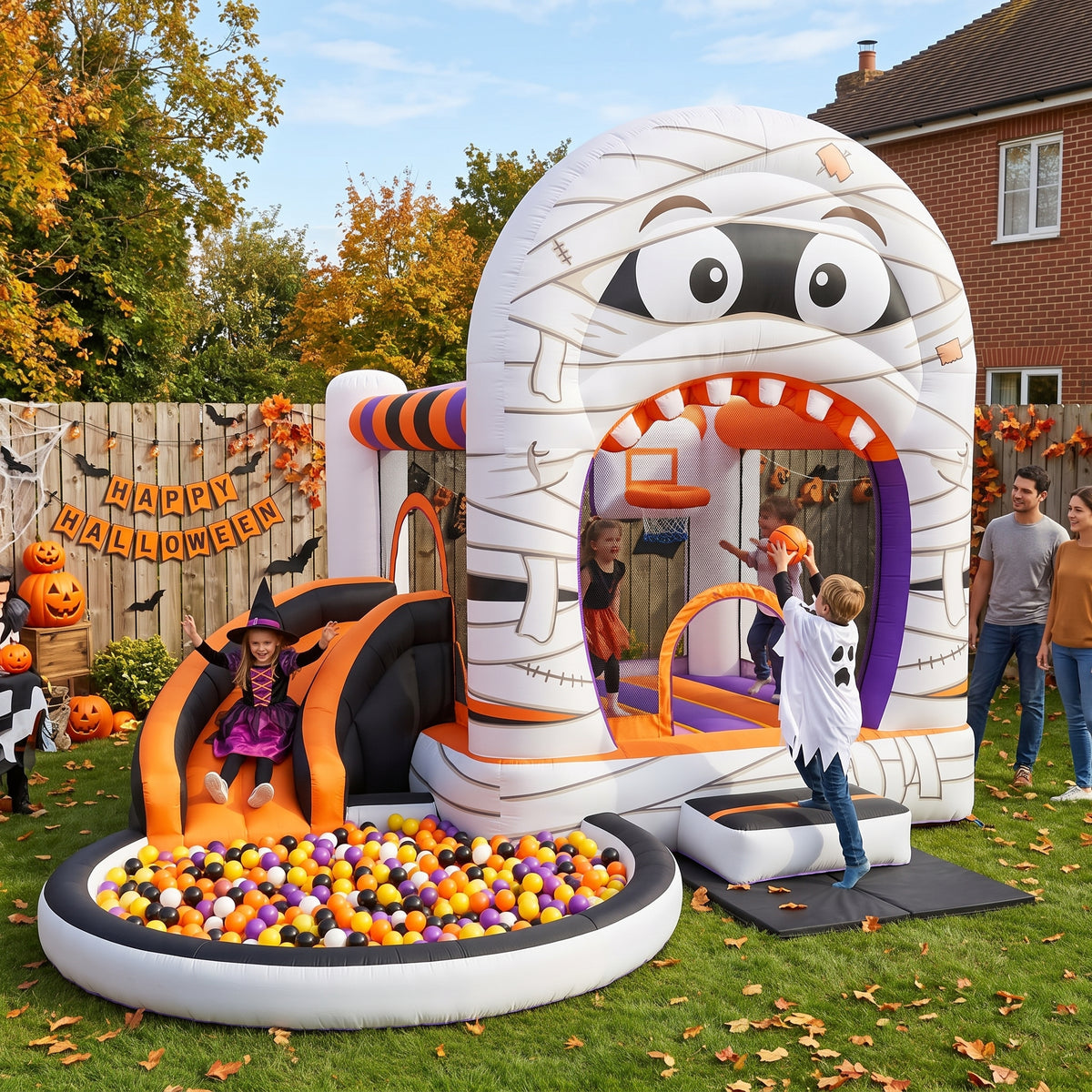 Play Bounce House Jumping Playhouse area with Slide and Ball Pit Halloween Mummy's Head Castle Theme
