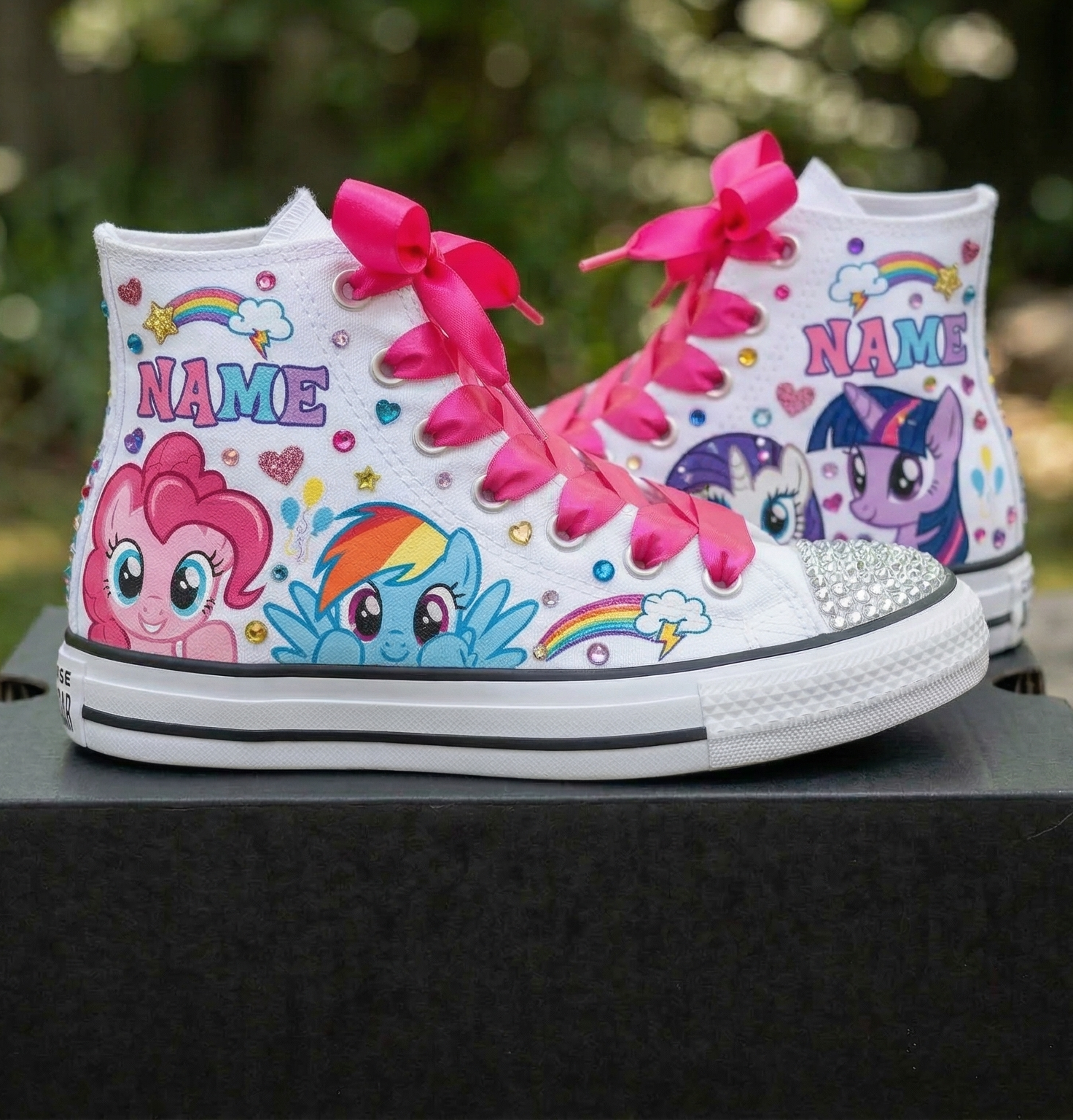 Custom My Little Pony High-Top Sneakers Shoes Personalized with Name, Ribbon Laces & Rhinestones Birthday Parties Everyday Gift