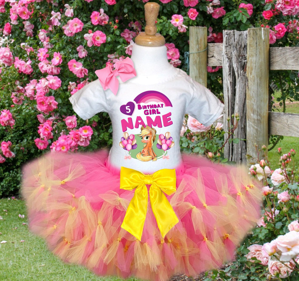 My Little Pony Applejack Tutu Set Girls Personalized Custom Hot Pink Yellow Knots Tutu Outfit Dress Theme Cake Smash Birthday Party