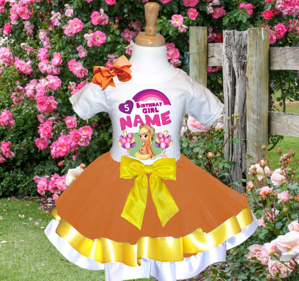 My Little Pony Applejack Tutu Set Girls Personalized Custom Orange Yellow White Ribbon Trim Tutu Outfit Dress Theme Cake Smash Birthday Party