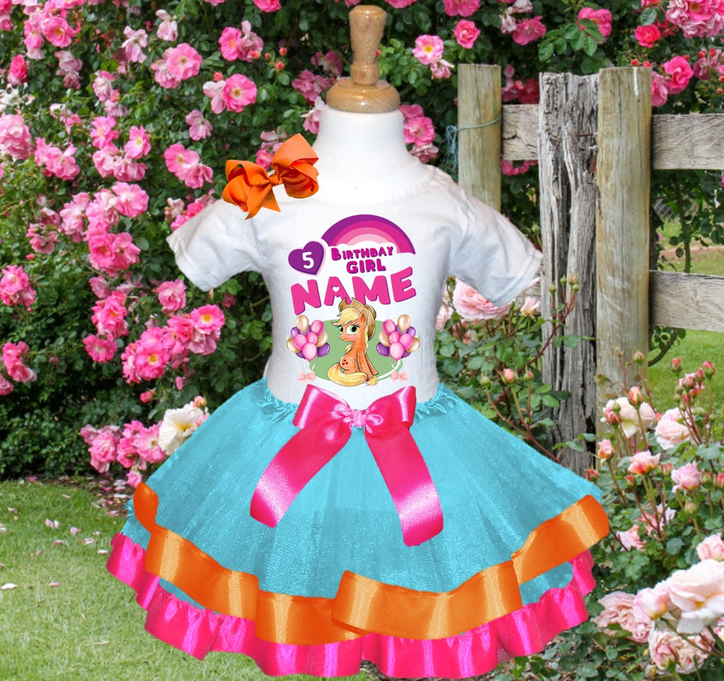 My Little Pony Applejack Tutu Set Girls Personalized Custom Blue Orange Hot Pink Ribbon Trim Tutu Outfit Dress Theme Cake Smash Birthday Party