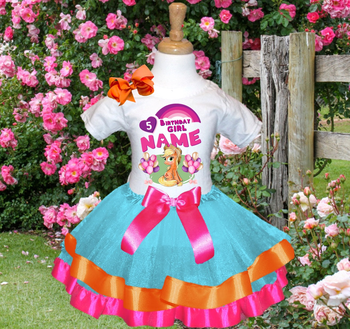 My Little Pony Applejack Tutu Set Girls Personalized Custom Blue Orange Hot Pink Ribbon Trim Tutu Outfit Dress Theme Cake Smash Birthday Party