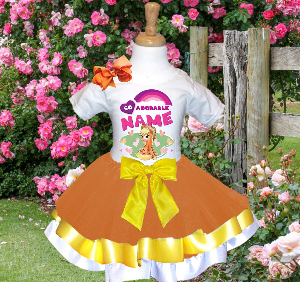 My Little Pony Applejack Tutu Set Girls Personalized Custom Orange Yellow White Ribbon Trim Tutu Outfit Dress Theme Cake Smash Party