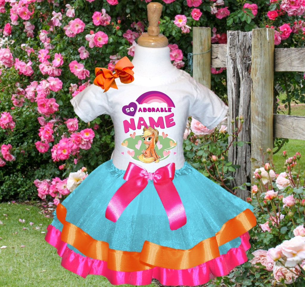 My Little Pony Applejack Tutu Set Girls Personalized Custom Blue Orange Hot Pink Ribbon Trim Tutu Outfit Dress Theme Cake Smash Party