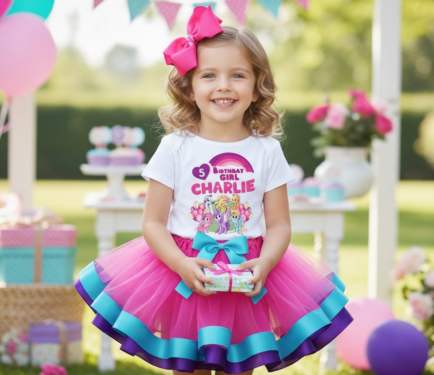 My Little Pony Tutu Set Girls Personalized Custom Hot Pink Blue Purple Ribbon Trim Tutu Outfit Dress Theme Cake Smash Birthday Party