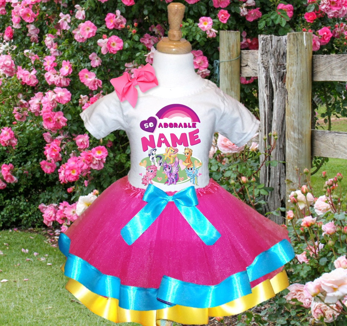 My Little Pony Tutu Set Girls Personalized Custom Hot Pink Blue Yellow Ribbon Trim Tutu Outfit Dress Theme Cake Smash Party