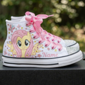 Custom My Little Pony Fluttershy High-Top Sneakers Shoes Personalized with Name, Ribbon Laces & Rhinestones Birthday Parties Everyday Gift