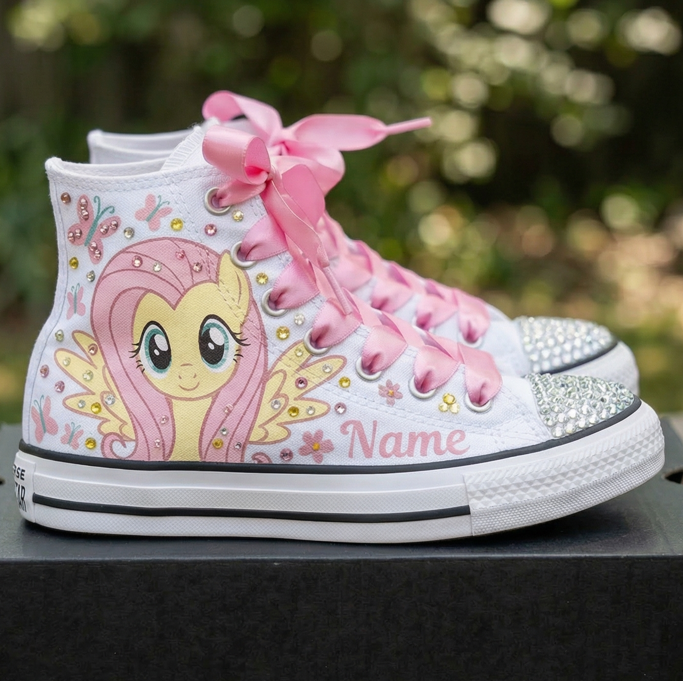 Custom My Little Pony Fluttershy High-Top Sneakers Shoes Personalized with Name, Ribbon Laces & Rhinestones Birthday Parties Everyday Gift