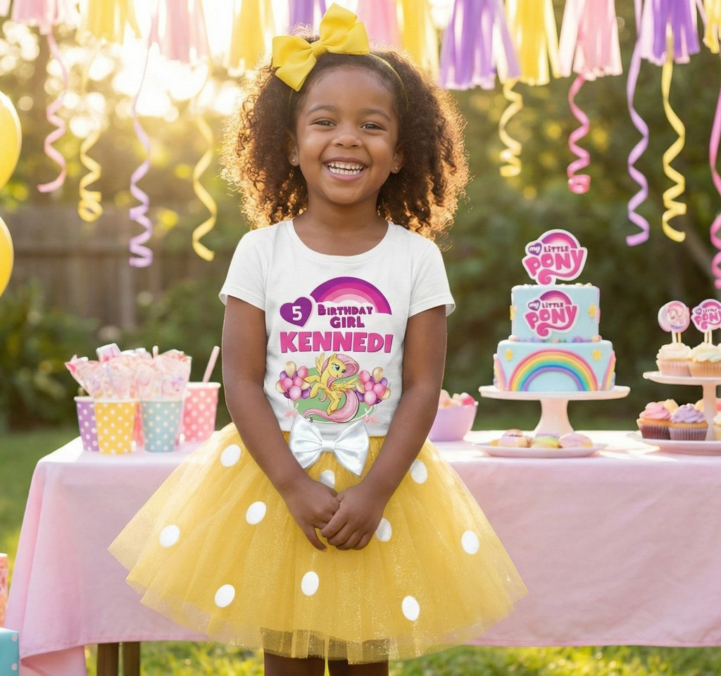 My Little Pony Fluttershy Tutu Set Girls Personalized Custom Yellow White Polka Dots Tutu Outfit Dress Theme Cake Smash Birthday Party