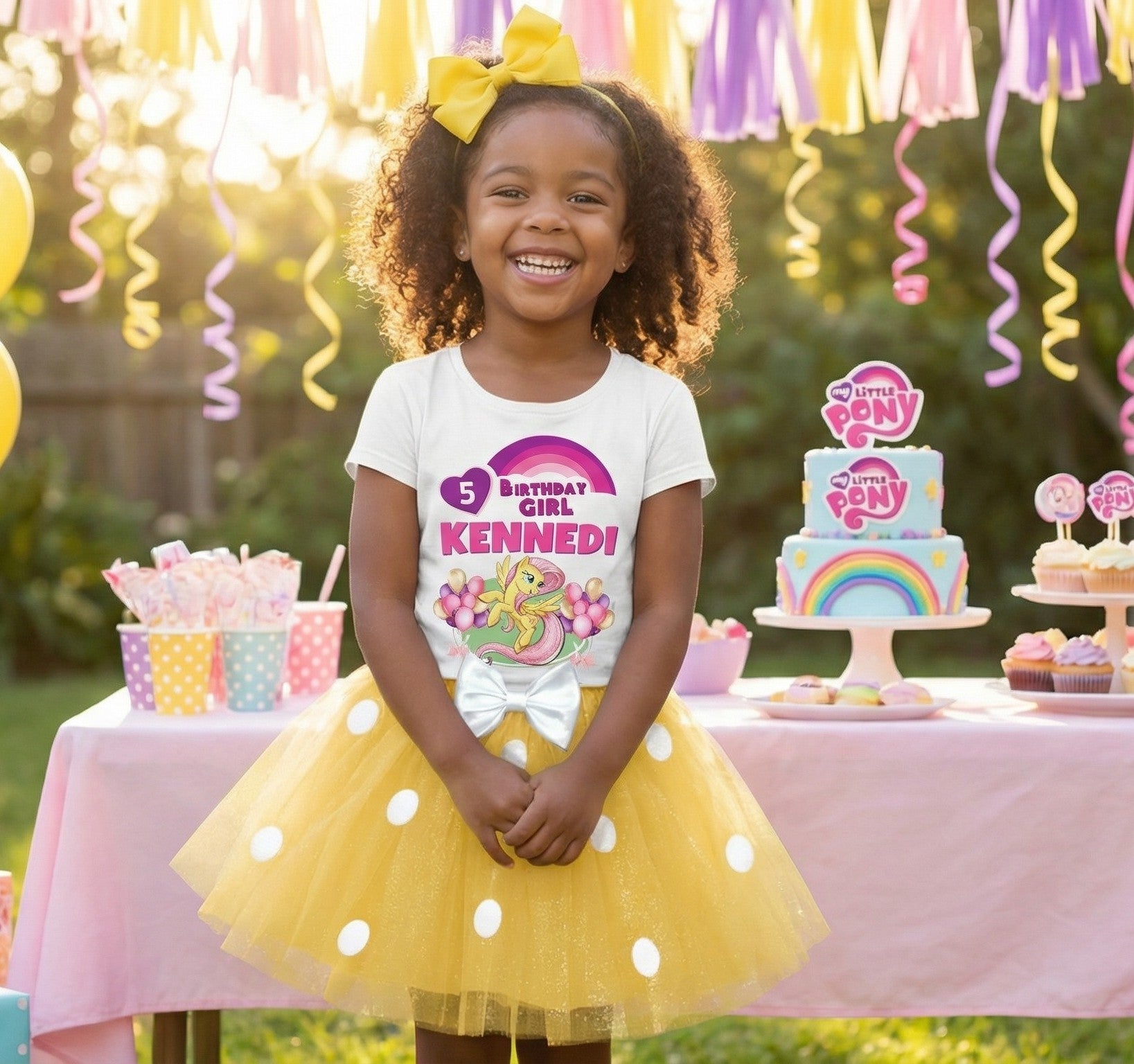My Little Pony Fluttershy Tutu Set Girls Personalized Custom Yellow White Polka Dots Tutu Outfit Dress Theme Cake Smash Birthday Party