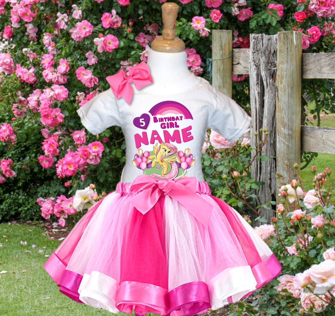 My Little Pony Fluttershy Tutu Set Girls Personalized Custom Hot Pink White Pink Ribbon Tutu Outfit Dress Theme Cake Smash Birthday Party