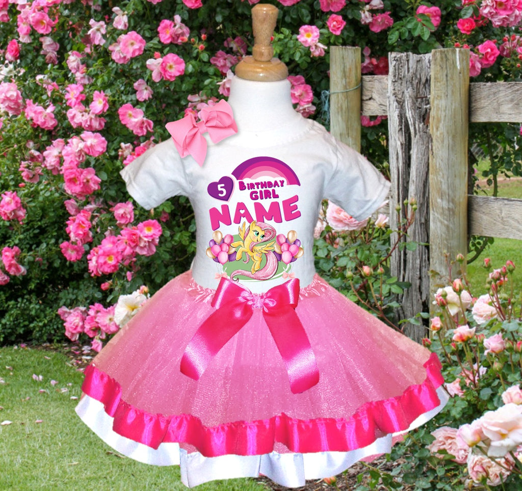 My Little Pony Fluttershy Tutu Set Girls Personalized Custom Pink Hot Pink White Ribbon Trim Tutu Outfit Dress Theme Cake Smash Birthday Party