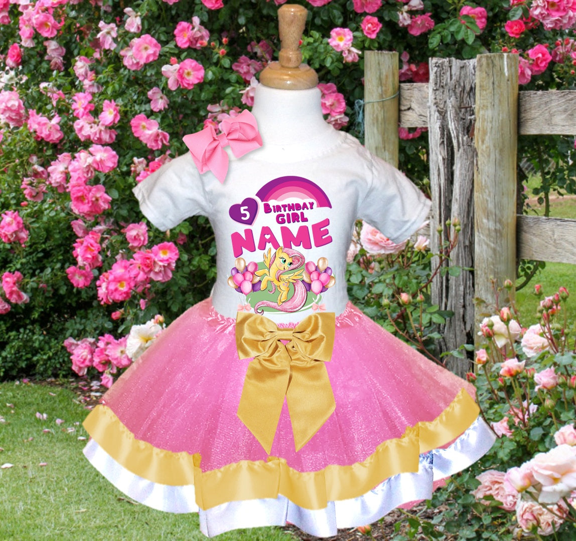 My Little Pony Fluttershy Tutu Set Girls Personalized Custom Pink Gold White Ribbon Trim Tutu Outfit Dress Theme Cake Smash Birthday Party