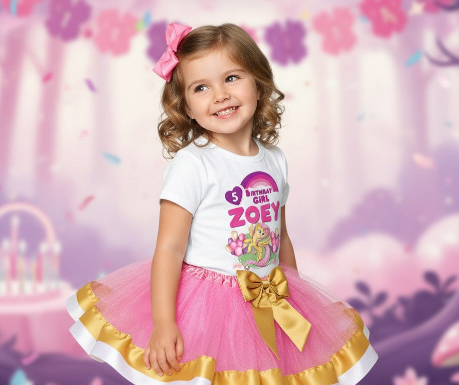 My Little Pony Fluttershy Tutu Set Girls Personalized Custom Pink Gold White Ribbon Trim Tutu Outfit Dress Theme Cake Smash Birthday Party