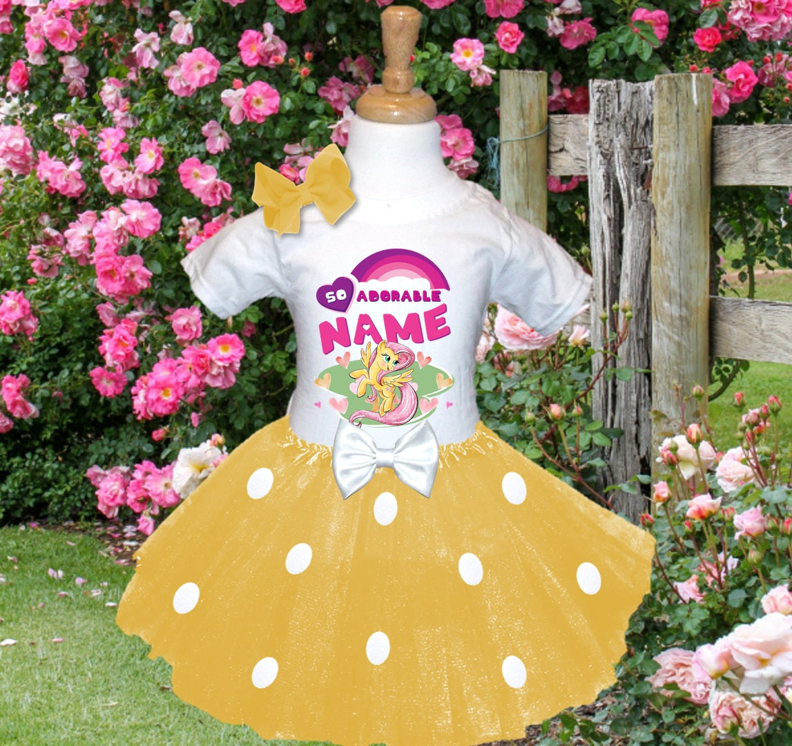 My Little Pony Fluttershy Tutu Set Girls Personalized Custom Yellow White Polka Dots Tutu Outfit Dress Theme Cake Smash Party
