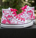 Custom My Little Pony Pinkie Pie High-Top Sneakers Shoes Personalized with Name, Ribbon Laces & Rhinestones Birthday Parties Everyday Gift