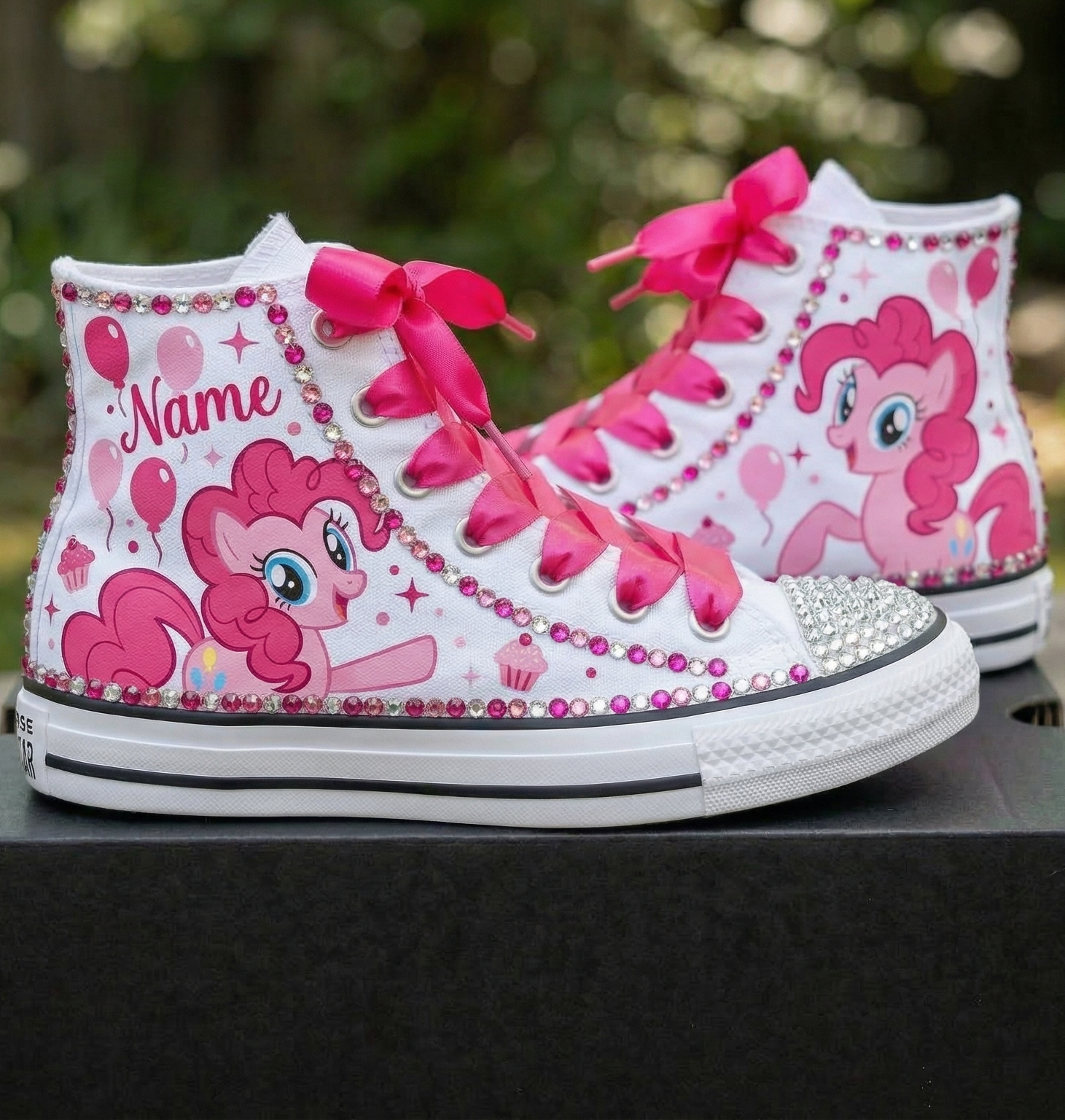 Custom My Little Pony Pinkie Pie High-Top Sneakers Shoes Personalized with Name, Ribbon Laces & Rhinestones Birthday Parties Everyday Gift